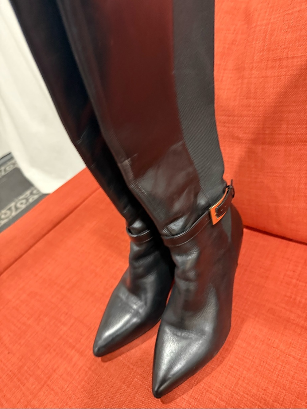 Vince Camuto Black Leather Mid-Calf Heeled Boots with Gold Buckle - Picture 3 of 5